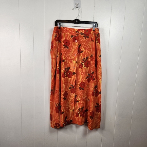 Vintage Midi Skirt 1990s Orange Floral Long Flowy 90s Buttons Cottagecore Large - Picture 9 of 9